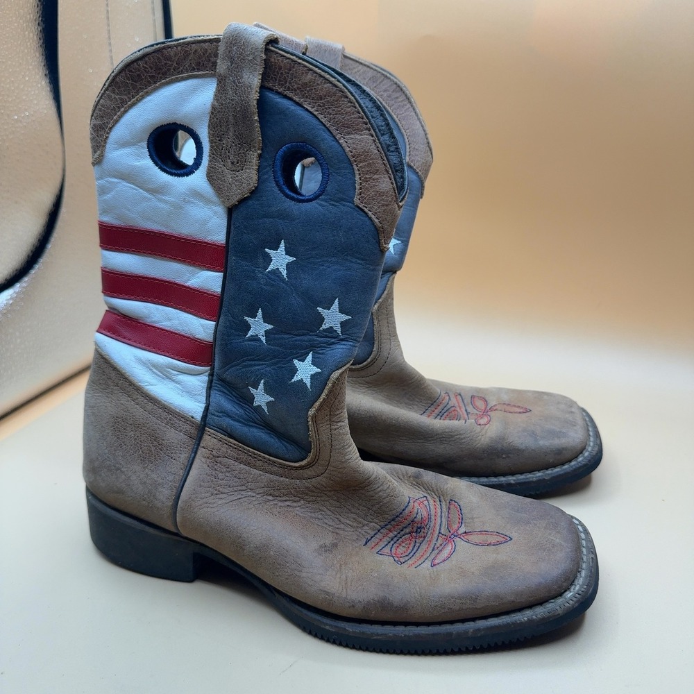 Laredo Flag Cowboy Western Boots Brown Leather Kids Size 4.5